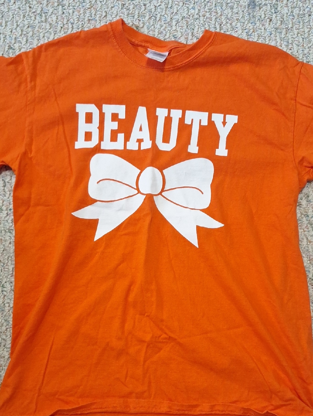 Gildan Orange Kids Tee with White "BEAUTY" Graphic and Bow